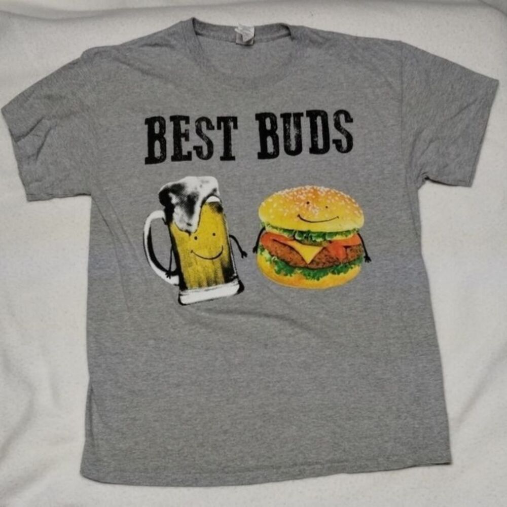 Best Buds Funny Beer & Burger Graphic Shirt Food & Drink Novelty Gray Cotton Tee